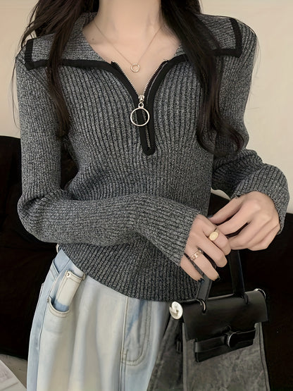 Sixsr Zip Turndown Collar Pullover Sweater, Casual Long Sleeve Slim Sweater, Women's Clothing