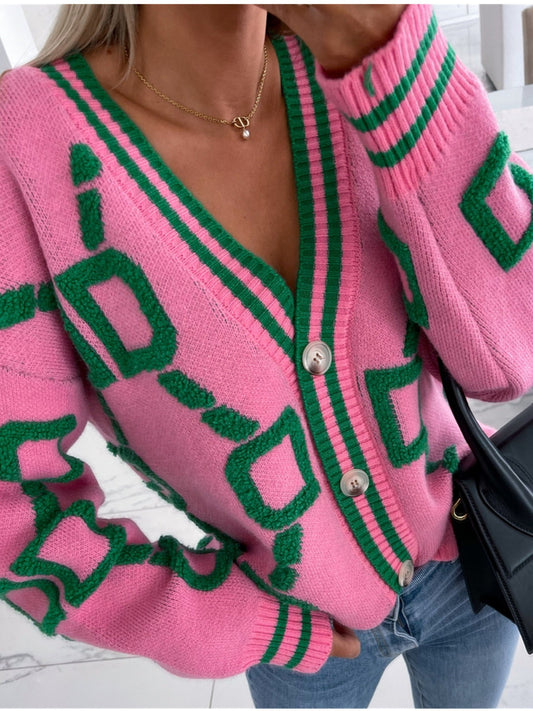 Sixsr High Contrast Knit Cardigan, V-Neck Button Up Cardigan Sweater, Casual Tops For Fall & Winter, Women's Clothing