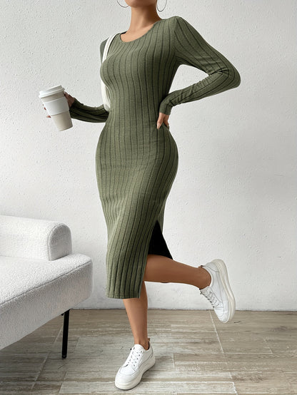 Sixsr Ribbed Solid Split Dress, Casual Crew Neck Long Sleeve Dress, Women's Clothing