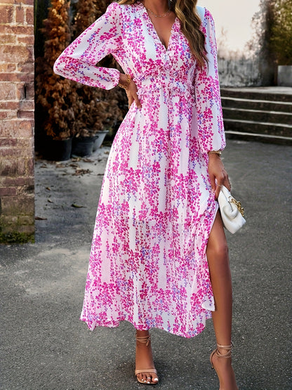 Sixsr Floral Print Maxi Dress, Casual V Neck Long Sleeve Dress, Women's Clothing