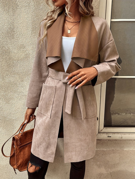 Sixsr Waterfall Collar Open Front Coat, Elegant Long Sleeve Outerwear With Pockets, Women's Clothing