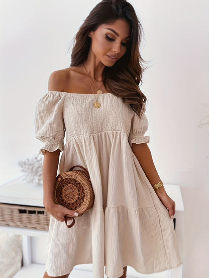 Off Shoulder Smocked Dress, Loose Vacation Casual Dress For Summer & Spring, Women's Clothing