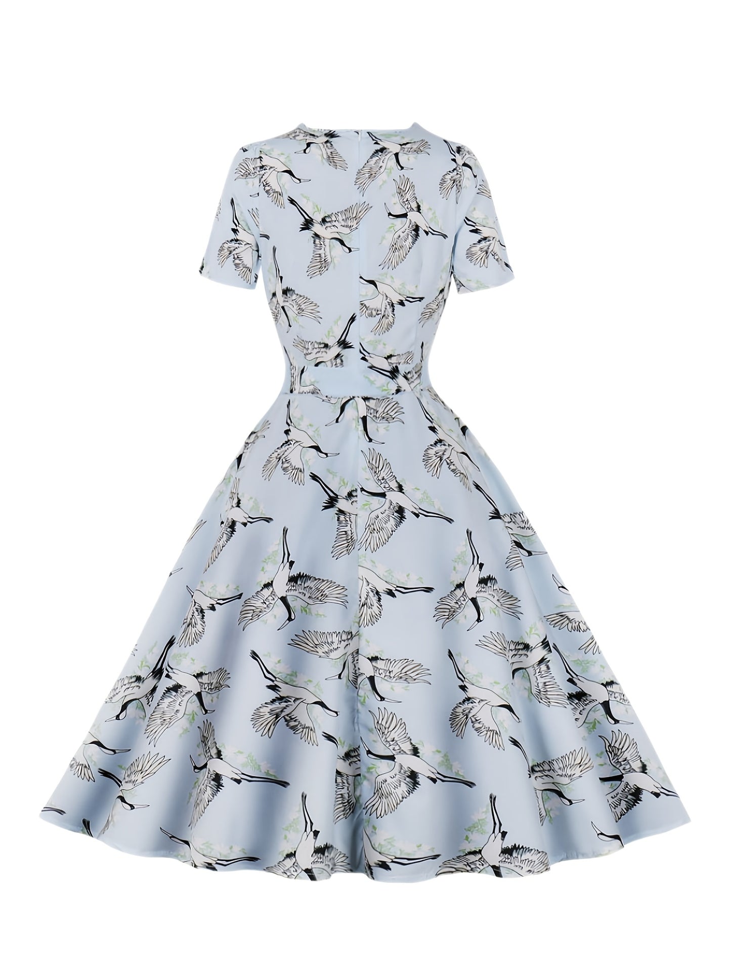 Sixsr Crane Print Tie Front Dress, Elegant Vintage Square Neck Short Sleeve Dress, Women's Clothing