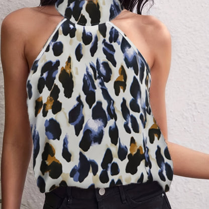 Leopard Print High Neck Blouse, Sexy Sleeveless Ruched Blouse, Women's Clothing