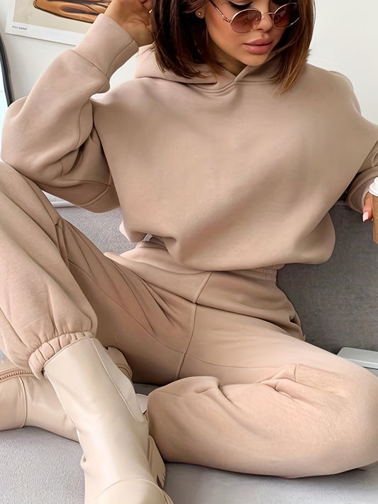 Sixsr Casual Two-piece Set, Solid Hoodie & Elastic Waist Jogger Pants Outfits, Women's Clothing