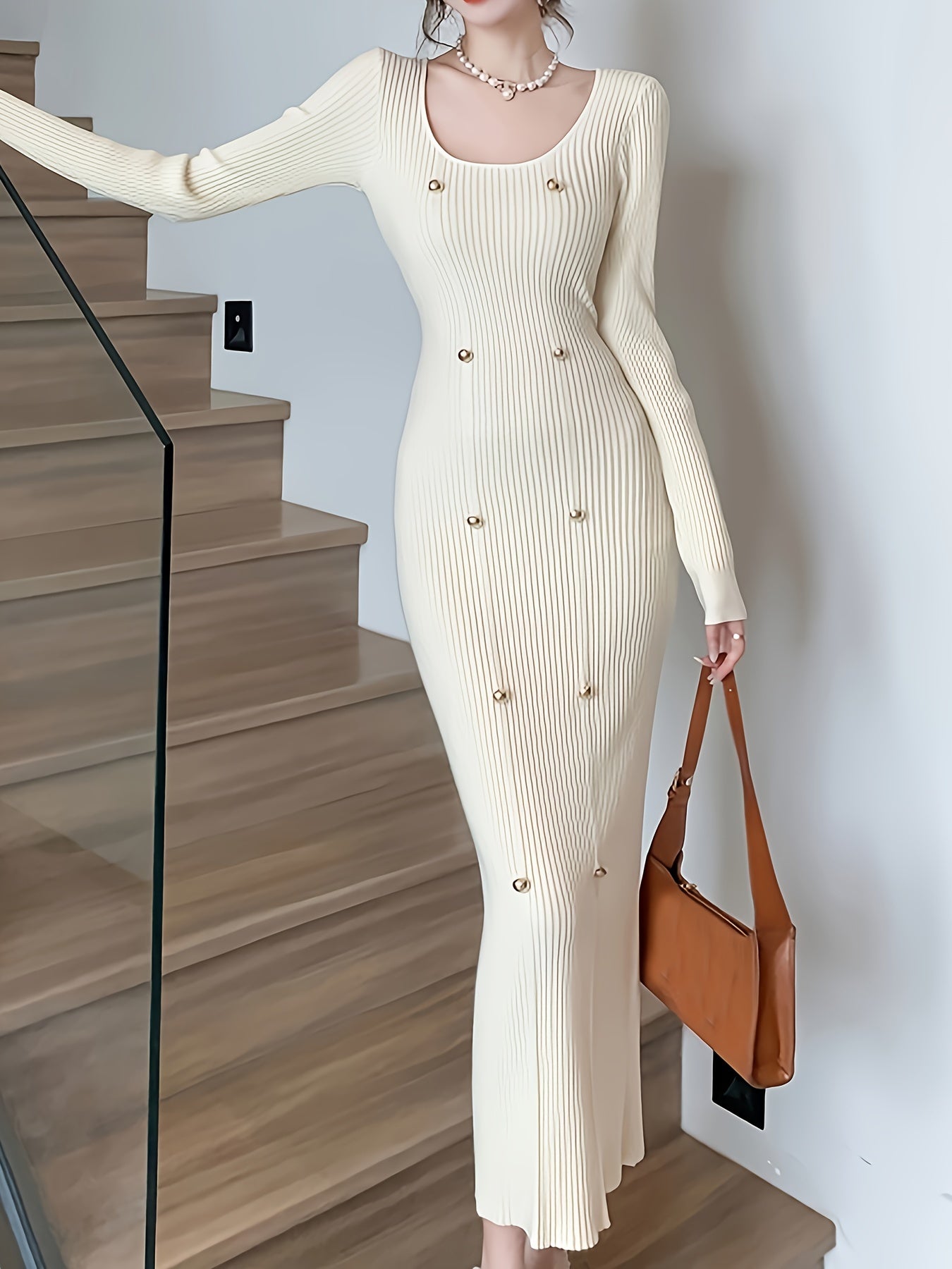 Sixsr Ribbed Slim Solid Dress, Elegant Long Sleeve Dress For Spring & Fall, Women's Clothing