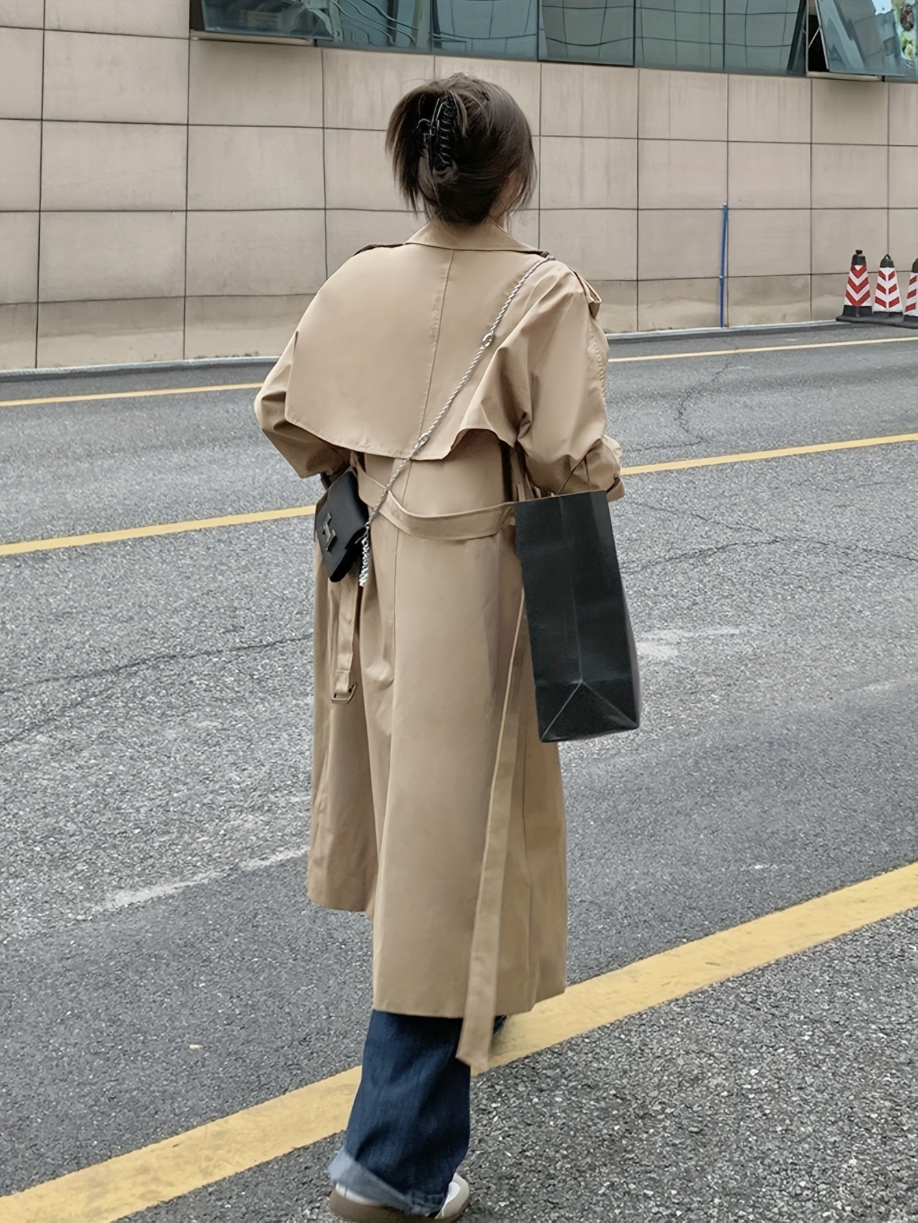 Sixsr Double Breasted Long Length Trench Coat, Casual Solid Long Sleeve Outerwear, Women's Clothing