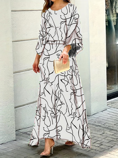 two-piece Geometric Print Maxi Skirt & Loose Long Sleeve Top Set for Women - Perfect for Spring & Fall Outfits