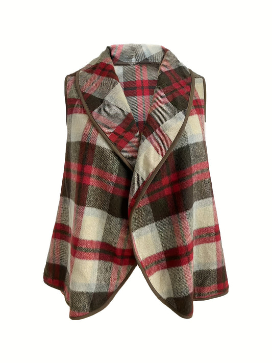 Sixsr Plus Size Casual Coat, Women's Plus Plaid Print Shawl Collar Open Front Vest Coat
