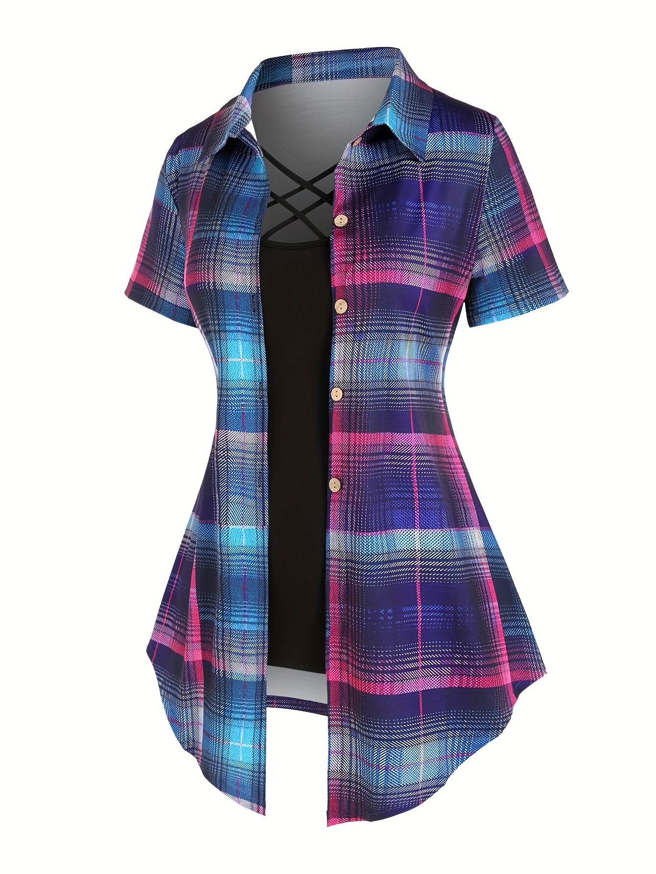 Women's Plaid Print Button Front Shirt and Solid Slim Cami Top Set - Perfect for Casual Summer Outfits