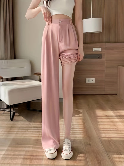 Sixsr Solid High Waist Draped Long Length Pants, Casual Loose Spring & Autumn Pants, Women's Clothing