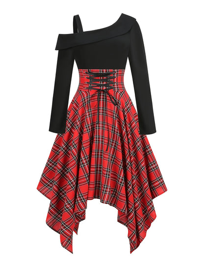 Plaid Asymmetrical Hem Dress, Vintage Cold Shoulder Long Sleeve Dress, Women's Clothing