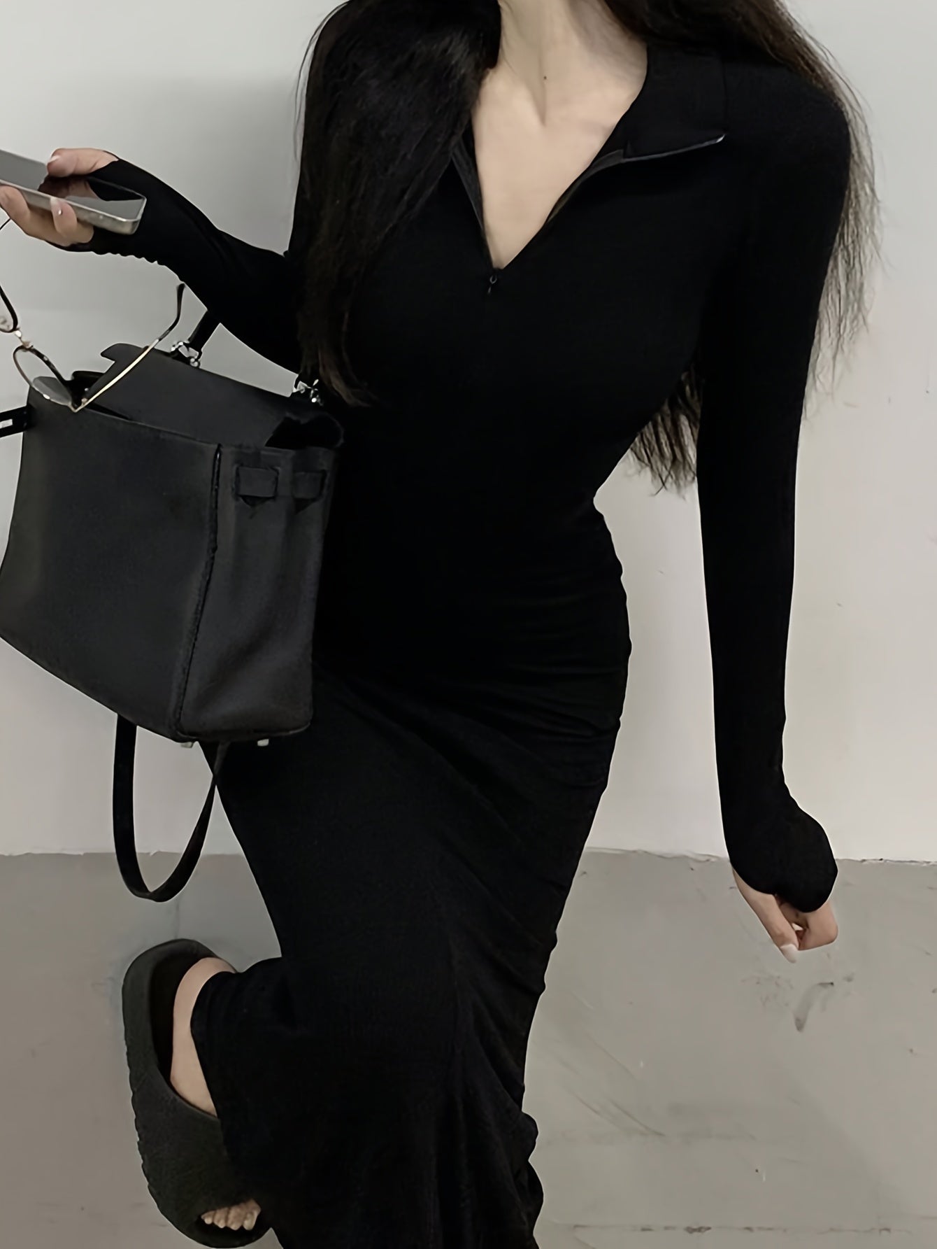 Solid Color Zipper Lapel Slim Dress, Chic Long Sleeve Maxi Length Dress, Women's Clothing