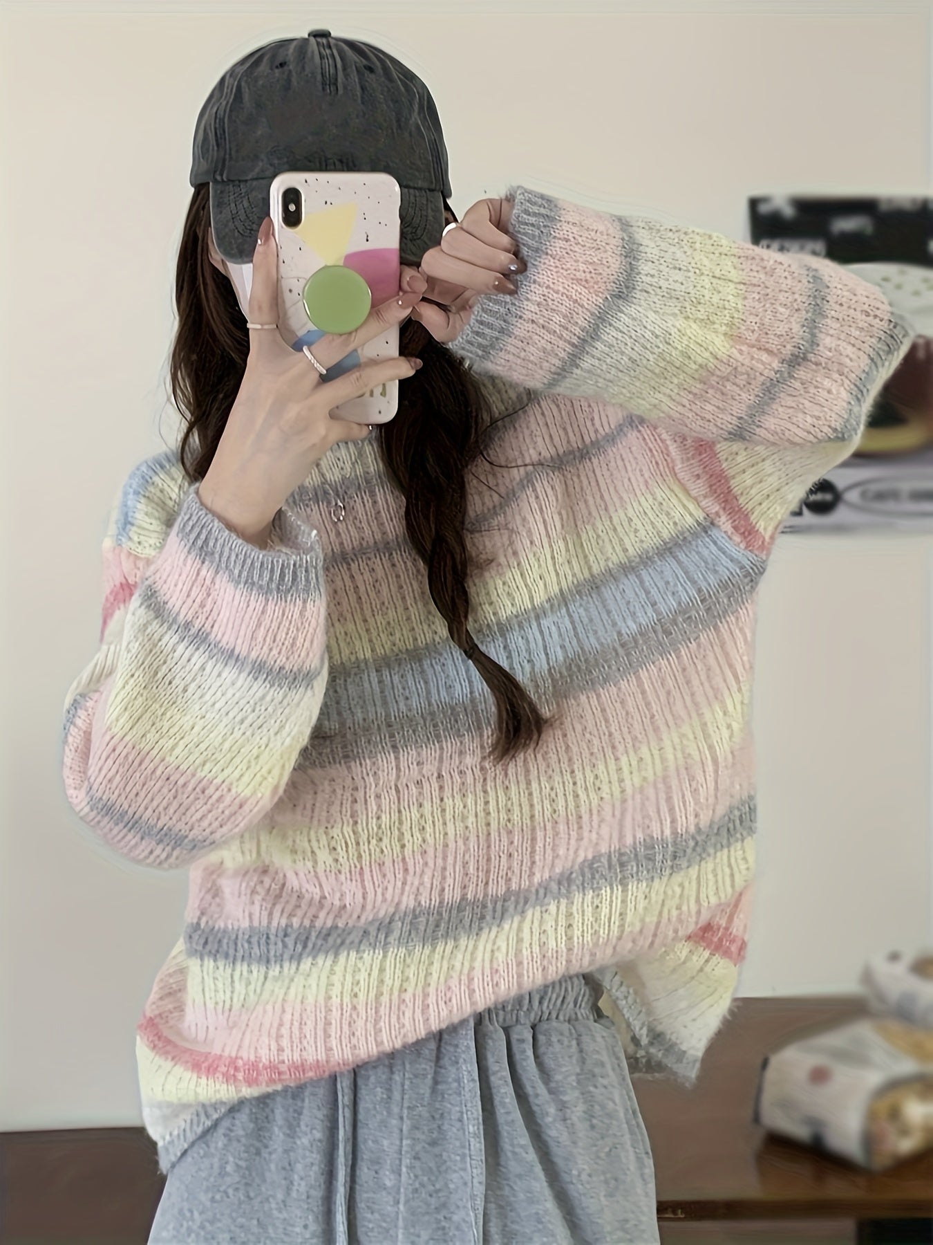 Benpaolv Rainbow Striped Crew Neck Pullover Sweater, Casual Long Sleeve Loose Cozy Sweater, Women's Clothing