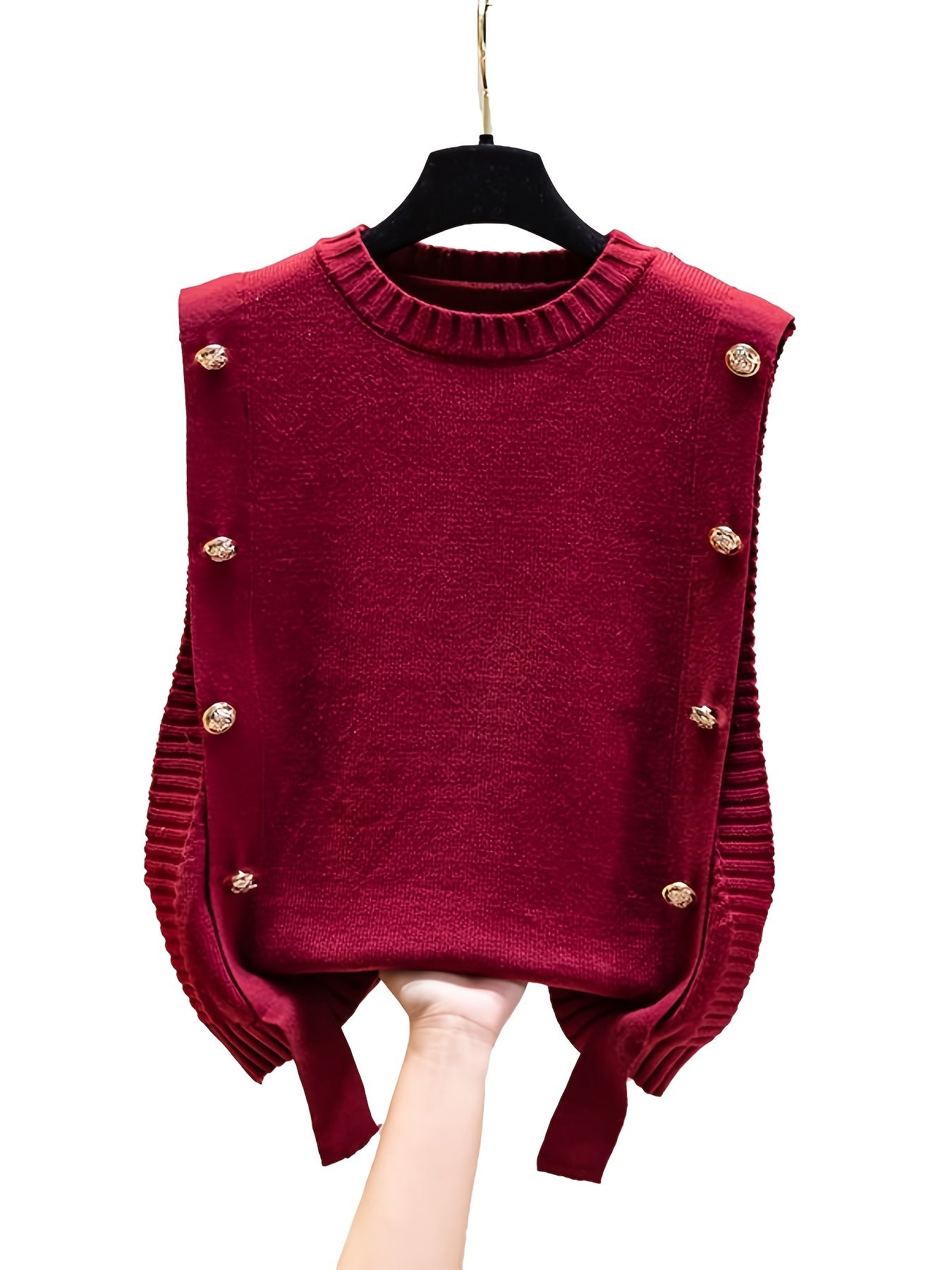 Sixsr Solid Button Sweater Vest, Crew Neck Sweater Vest For Fall & Winter, Women's Clothing