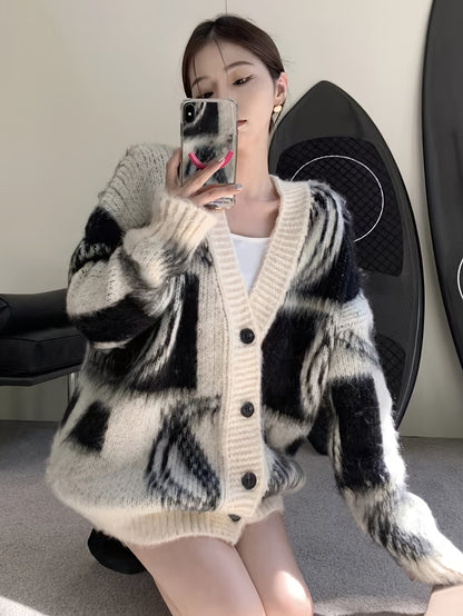 Sixsr Graphic Pattern Button Down Knit Cardigan, Casual Long Sleeve Loose Cozy Sweater For Fall & Winter, Women's Clothing