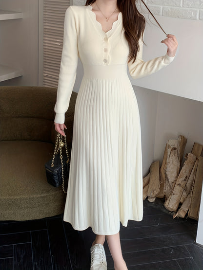 Sixsr Ribbed Button Front Dress, Elegant Solid Long Sleeve Midi Dress, Women's Clothing