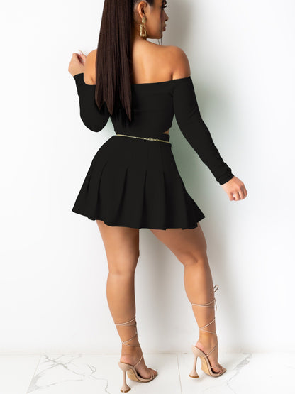 Sixsr  Solid Elegant Two-piece Set, Off Shoulder Long Sleeve Crop Top & Pleated Mini Skirt Outfits, Women's Clothing