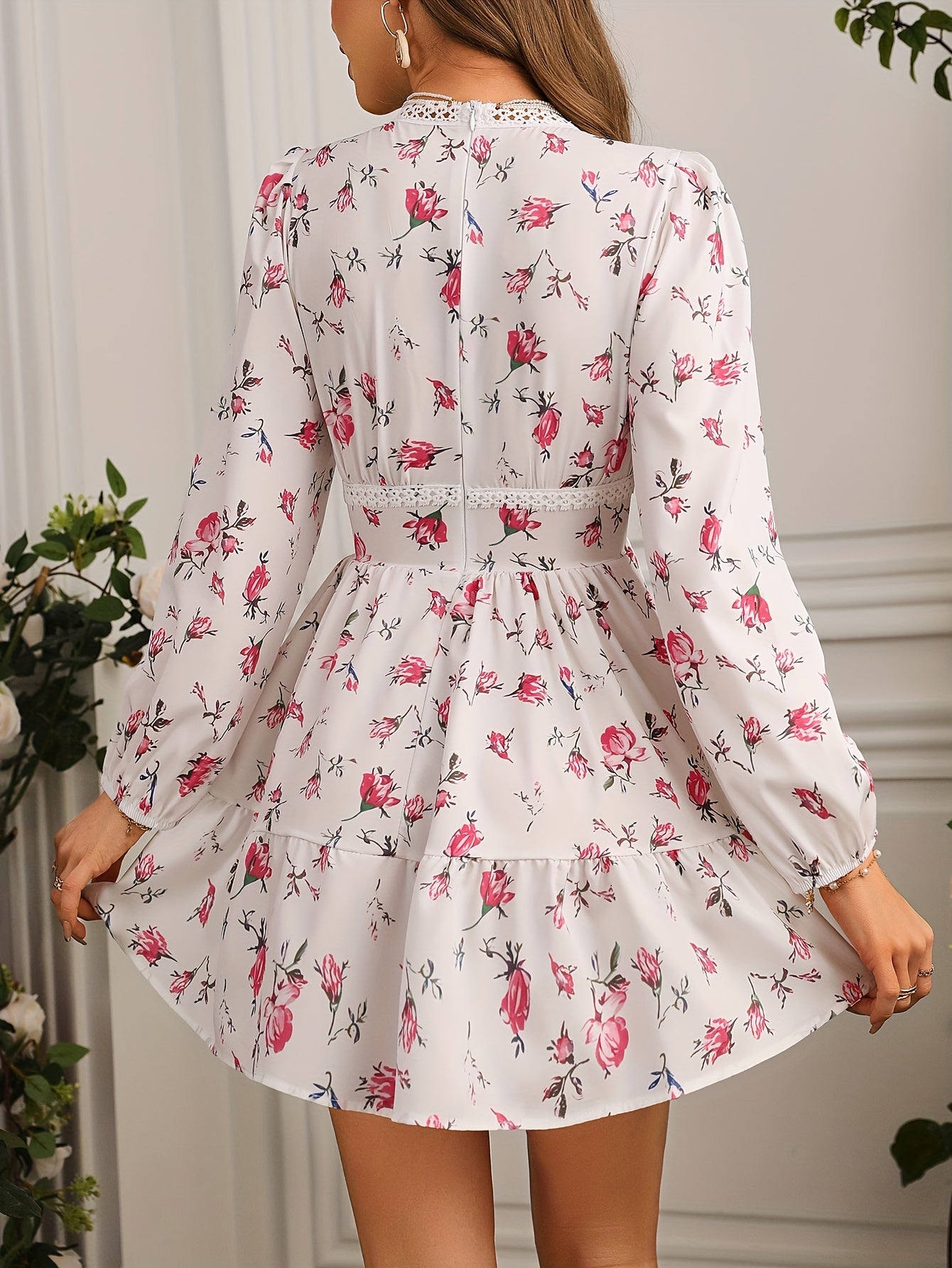 Floral Print V Neck Dress, Elegant Long Sleeve Dress For Spring & Fall, Women's Clothing