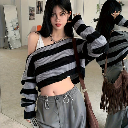 Sixsr Striped Off Shoulder Knitted Top, Casual Long Sleeve Crop Sweater For Spring & Fall, Women's Clothing