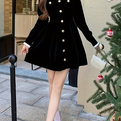 Sixsr Solid Button Front Waist Velvet Dress, Elegant Long Sleeve Frill Trim Dress, Women's Clothing