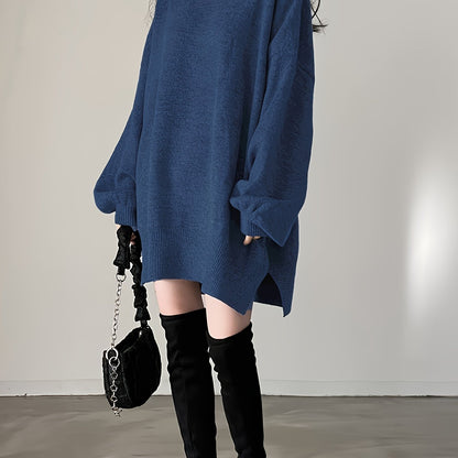 Sixsr Solid Turtle Neck Oversized Sweater, Casual Long Sleeve Split Sweater, Women's Clothing