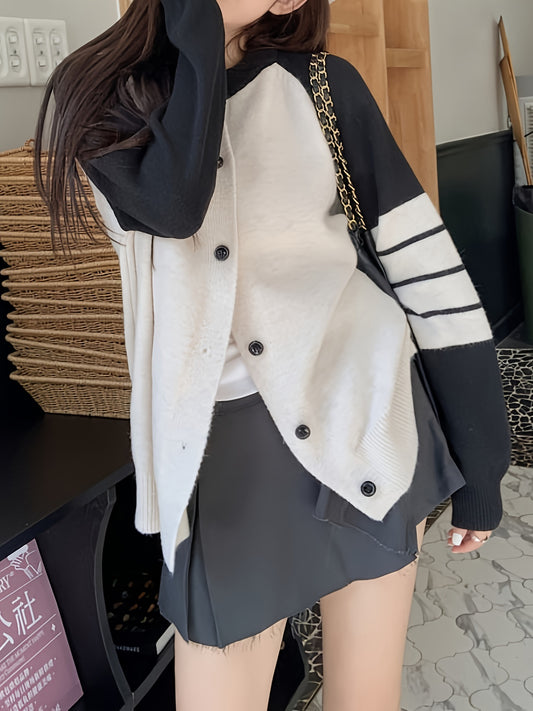 Sixsr Color Block Button Up Knit Cardigan, Casual Crew Neck Long Sleeve Sweater, Women's Clothing