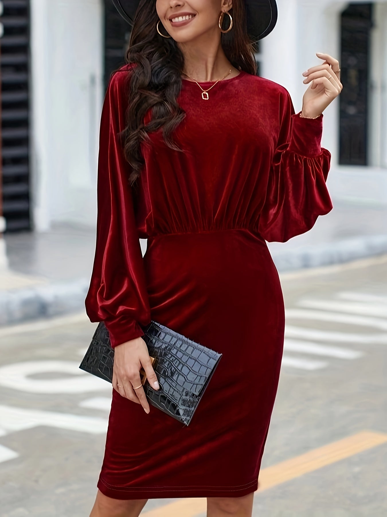 Sixsr Solid Cinched Waist Velvet Dress, Elegant Lantern Sleeve Bodycon Dress For Fall & Winter, Women's Clothing