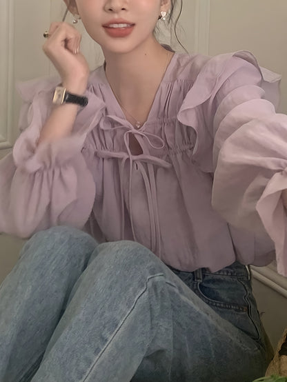 Sixsr Solid Ruffle Trim Tie Front Blouse, Sweet Long Sleeve Blouse For Spring & Fall, Women's Clothing