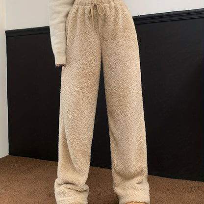 Sixsr Solid Teddy Drawstring Pants, Casual Straight Leg High Waist Pants, Women's Clothing