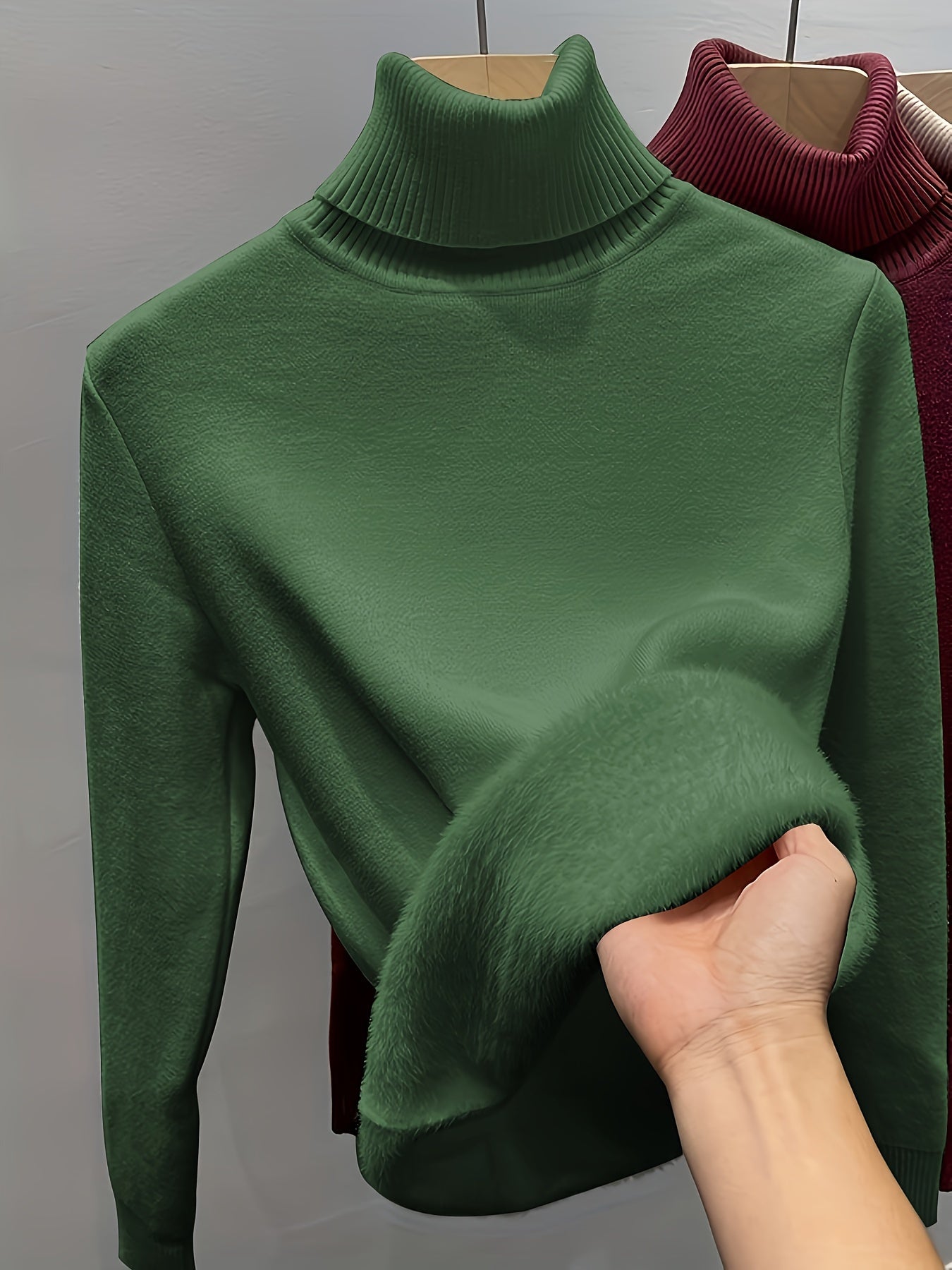 Sixsr Solid Turtle Neck Fleece Pullover Sweater, Elegant Long Sleeve Slim Thermal Sweater, Women's Clothing