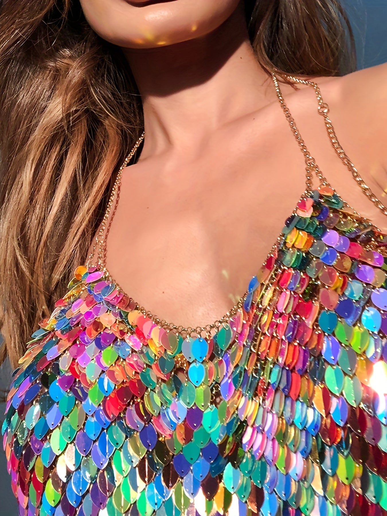 Sixsr  Colorful Sequined Halter Neck Top, Sexy Backless Hanky Hem Crop Club Top, Women's Clothing