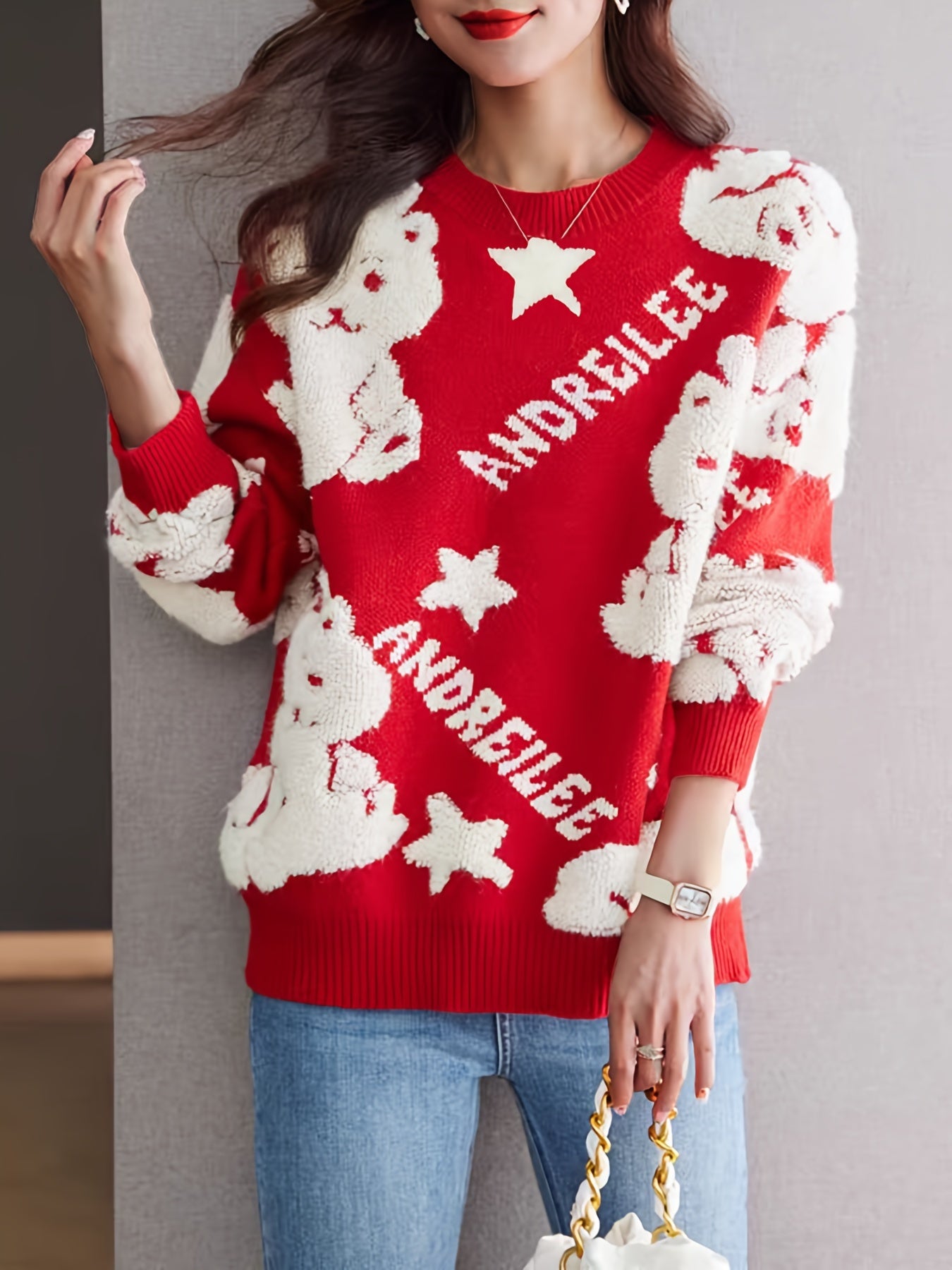 Sixsr Cartoon Dragon Pattern Pullover Sweater, Casual Crew Neck Long Sleeve Thick Sweater, Women's Clothing