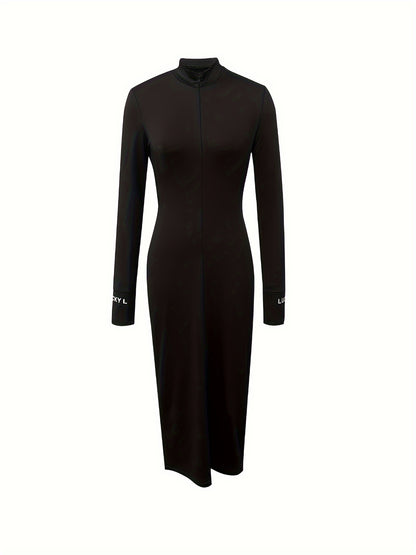 Sixsr Letter Pattern Bodycon Dress, Elegant Long Sleeve Midi Dress, Women's Clothing