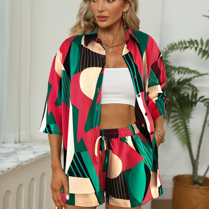 Casual Color Block Two-piece Set, Drop Shoulder Shirt & Drawstring Shorts Outfits, Women's Clothing