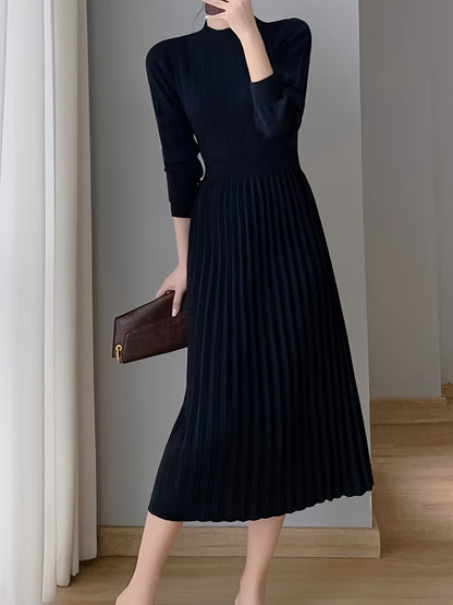 Sixsr Solid Pleated Midi Dress, Elegant Mock Neck Long Sleeve Dress, Women's Clothing