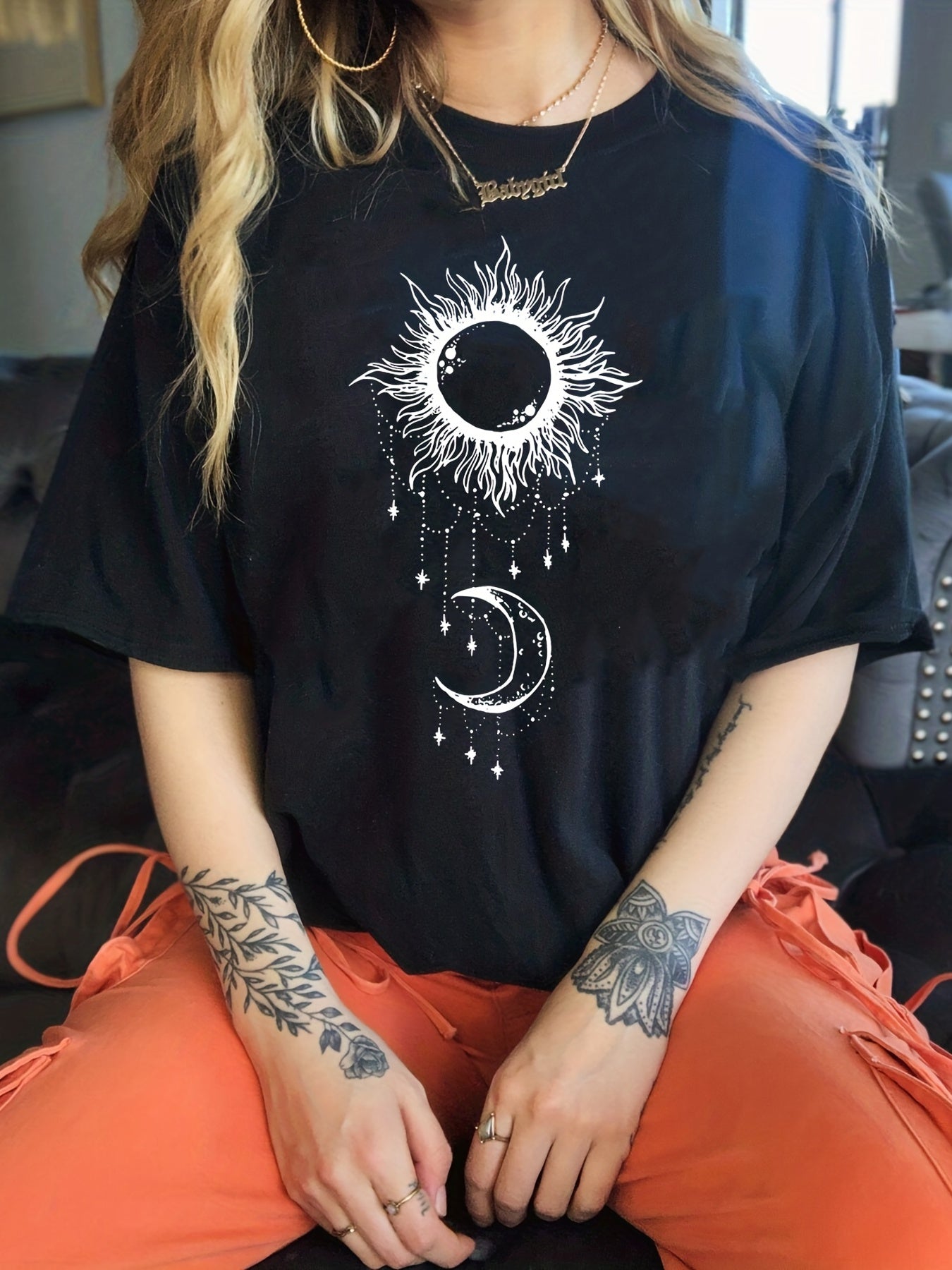 Sixsr Sun & Moon Graphic Print T-Shirt, Casual Crew Neck T-Shirt For Spring & Summer, Women's Clothing