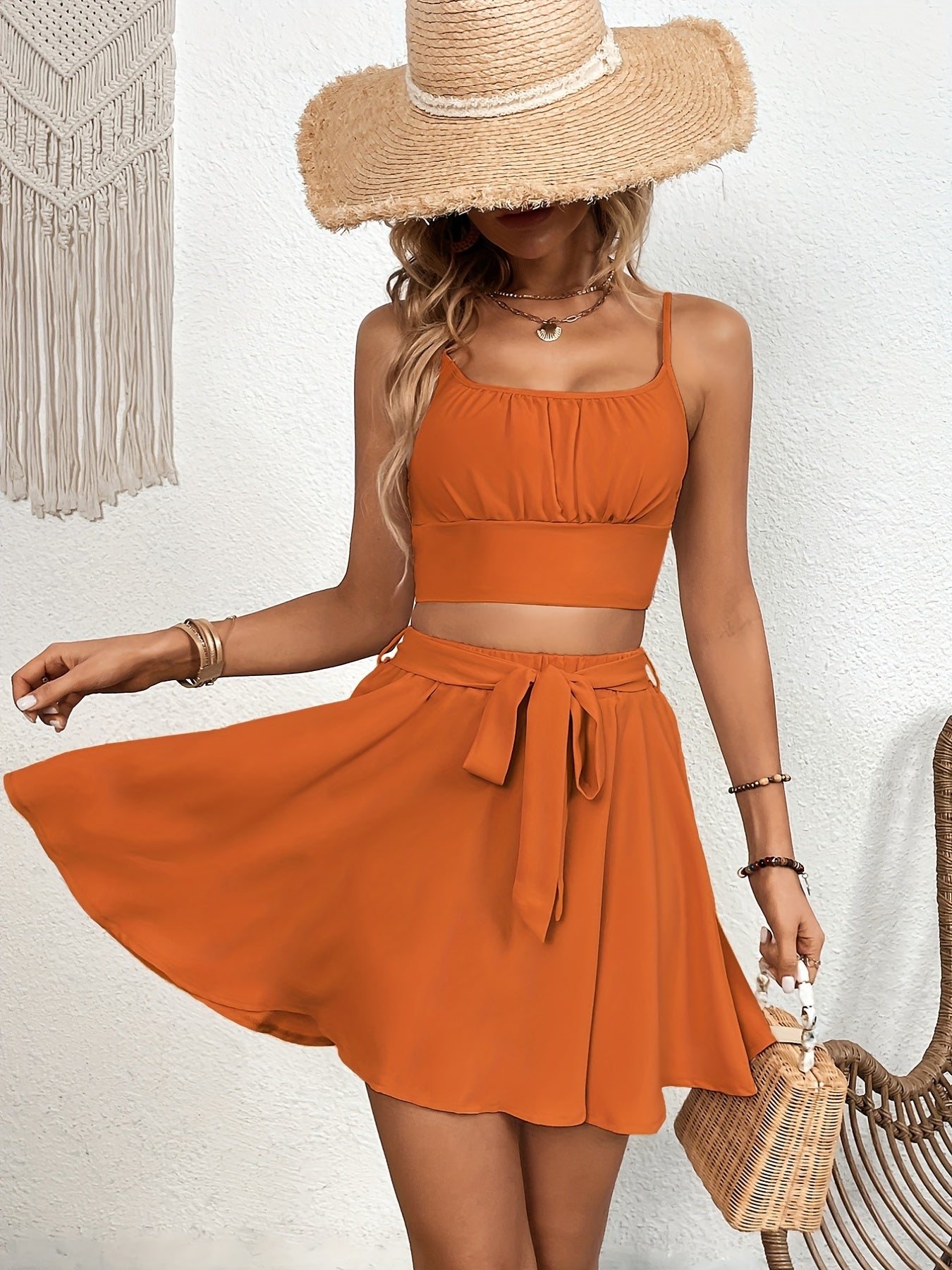 Casual Solid Two-piece Skirt Set, Crop Cami Top & Tie Front Skirt Outfits, Women's Clothing