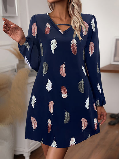 Sixsr Feather Print Lantern Sleeve Dress, V Neck A-line Dress, Women's Clothing