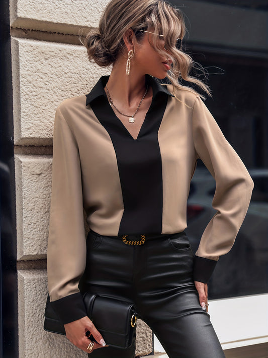 Sixsr Color Block Simple Blouse, Elegant V Neck Long Sleeve Work Blouse, Women's Clothing