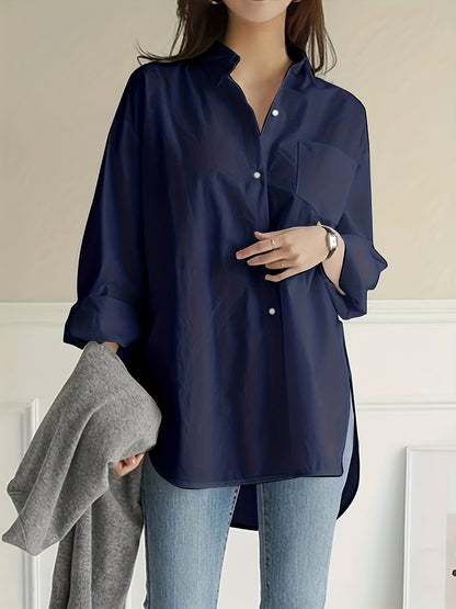 Sixsr Solid Button Front Curved Hem Shirt, Casual Long Sleeve Shirt For Spring & Fall, Women's Clothing