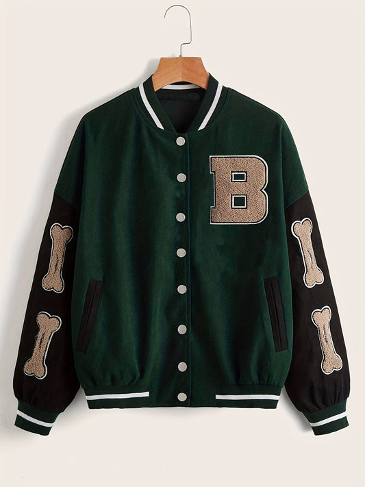 Sixsr Plus Size Casual Jacket, Women's Plus Colorblock Letter Patch Button Up Long Sleeve Bomber Jacket