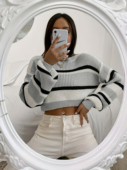 Sixsr Color Block Striped Knit Sweater, Casual Crew Neck Long Sleeve Sweater, Women's Clothing