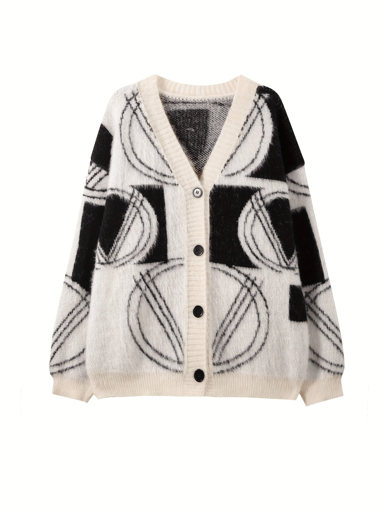 Sixsr Graphic Pattern Button Down Knit Cardigan, Casual Long Sleeve Loose Cozy Sweater For Fall & Winter, Women's Clothing