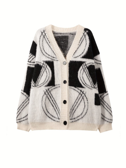 Sixsr Graphic Pattern Button Down Knit Cardigan, Casual Long Sleeve Loose Cozy Sweater For Fall & Winter, Women's Clothing