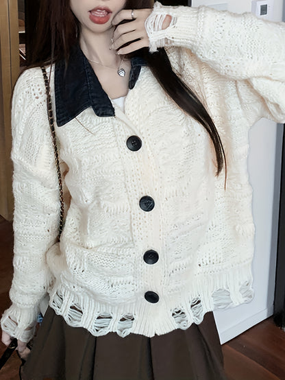 Sixsr Color Block Button Up Knit Cardigan, Casual Turndown Collar Long Sleeve Ripped Sweater, Women's Clothing