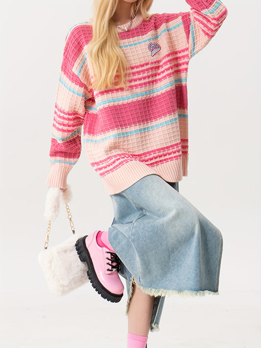 Sixsr Striped Crew Neck Pullover Sweater, Cute Long Sleeve Sweater For Fall & Winter, Women's Clothing