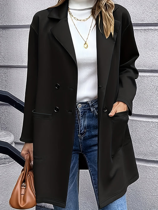 Sixsr Plus Size Casual Coat, Women's Plus Solid Long Sleeve Double Breasted Lapel Collar Coat With Pockets