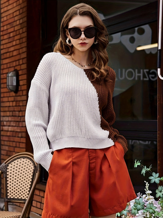 Sixsr Color Block V Neck Pullover Sweater, Casual Long Sleeve Drop Shoulder Sweater, Women's Clothing