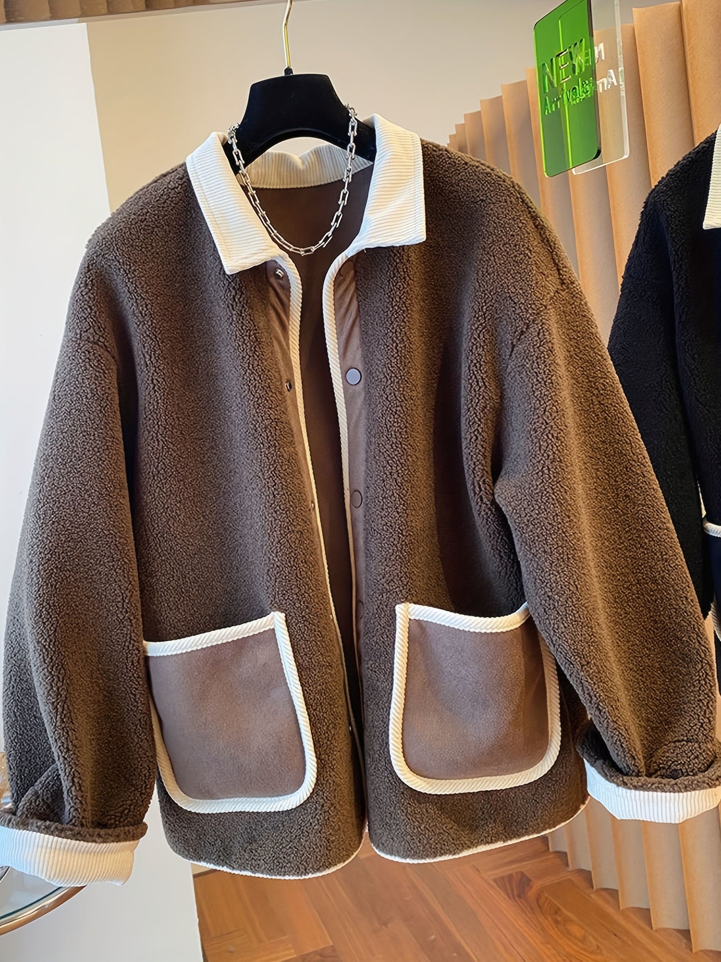 Sixsr Contrast Trim Patched Pockets Outwear, Versatile Long Sleeve Button Front Coat For Fall & Winter, Women's Clothing